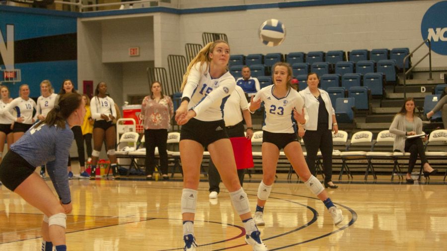 Eastern junior Laurel Bailey steps in front of a serve to make a pass against Southern Illinois Edwardsville Nov. 6 in Lantz Arena. Bailey had eight kills and 12 digs in the match, a 3-0 loss for the Panthers.