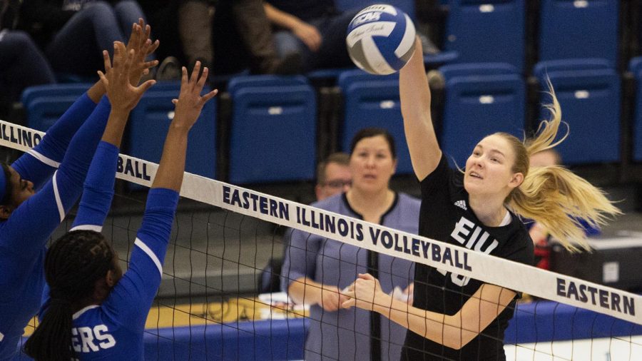 Eastern senior Maggie Runge makes contact on a kill attempt against Tennessee State on Nov. 9 in Lantz Arena. The Panthers lost the match 3-1. Runge recorded 11 kills and led the team with 13 points.