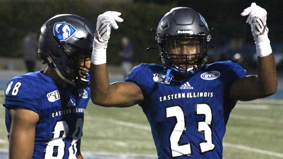 Eastern freshman defensive back JJ Ross (right) and teammate Trevon Brown celebrate following a play against Tennessee Tech on Sept. 28 at OBrien Field. The Panthers lost the game 40-29
