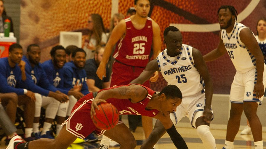 Dillan Schorfheide | The Daily Eastern News
Deang Deang guards an opposing ball handler while preparing for an incoming screen. Eastern defeated Indiana Northwest 114-61 Monday in Lantz Arena.