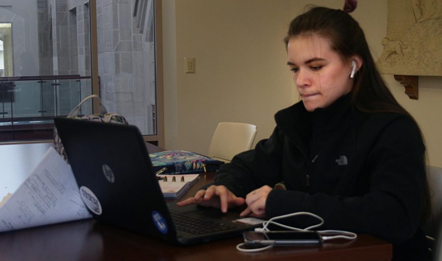 Chyna Edwards, a freshman biological sciences major, revises her essay for her Women and Gender Studies class in Booth Library on Tuesday afternoon.