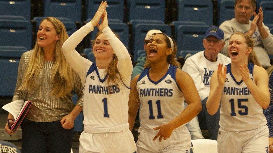 Adam Tumino | The Daily Eastern News
The Eastern bench celebrates a basket against Omaha on Dec. 7 in Lantz Arena. The Panthers beat the Mavericks 65-52 for their fourth win in their last five games.