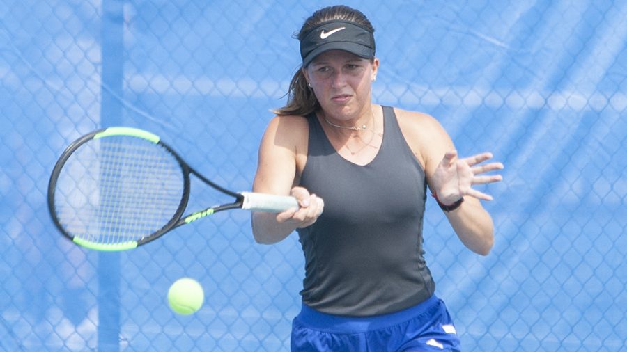 Eastern freshman Elizaveta Bukraba-Ulanova swings to return the ball at Eastern’s Darling Courts last September. The women’s tennis team is 5-4 so far this spring.
