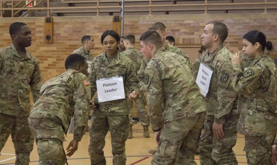 Easterns Army ROTC takes place in McAfee Gym on Thursday evening. Students prepare and get ready to go over their operation plan for Military Science lab.