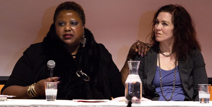 Carole Collins Ayanlaja (left), an assistant professor in the Department of Educational Leadership, comforts Mindy Houser (right), a Mattoon resident and business owner of Sharp Iron Athletics, as they discussed their experiences with sexual assault and the impacts it had on their body images. Houser said how her body looked and what she wore began to enter the dialogue for her and impacted decisions she made later. In celebration of my sister here, Im going to say something, Ayanlaja said. When you shared about the elevator incident and was it your body, it wasnt your body. Alright? We will not accept women being told that you wore the wrong outfit.