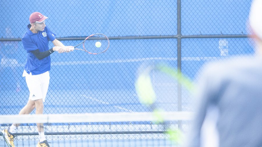 File Photo | The Daily Eastern News
Max Pilipovic-Kljajic reaches out to nail a backhand return to his opponent. Eastern takes on Northern Kentucky Friday and hopes to end a losing skid.