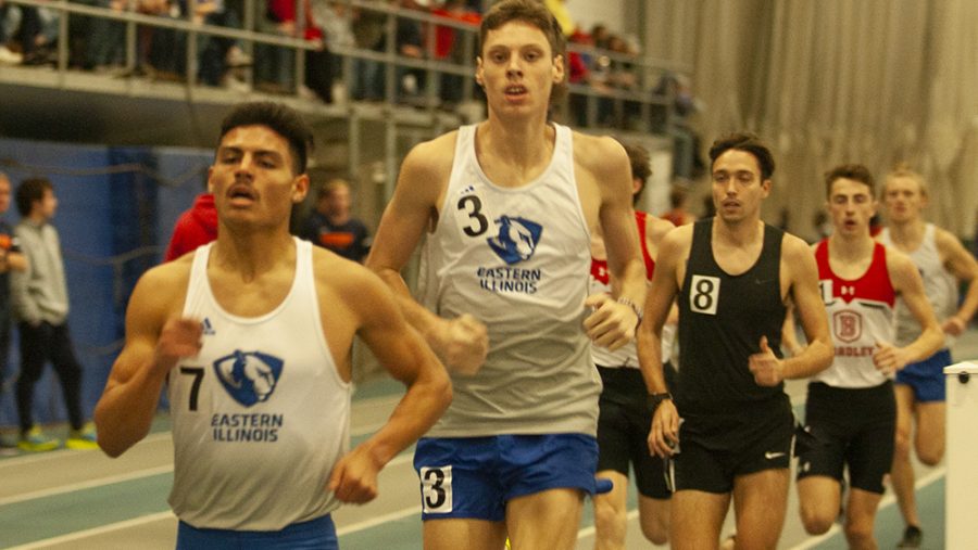 Karina Delgado | The Daily Eastern News
Eastern junior Jeremy Bekkouche (left) and sophomore Nick Oakley (right) compete in the EIU John Craft Invite Jan. 18 in the Lantz Field House.