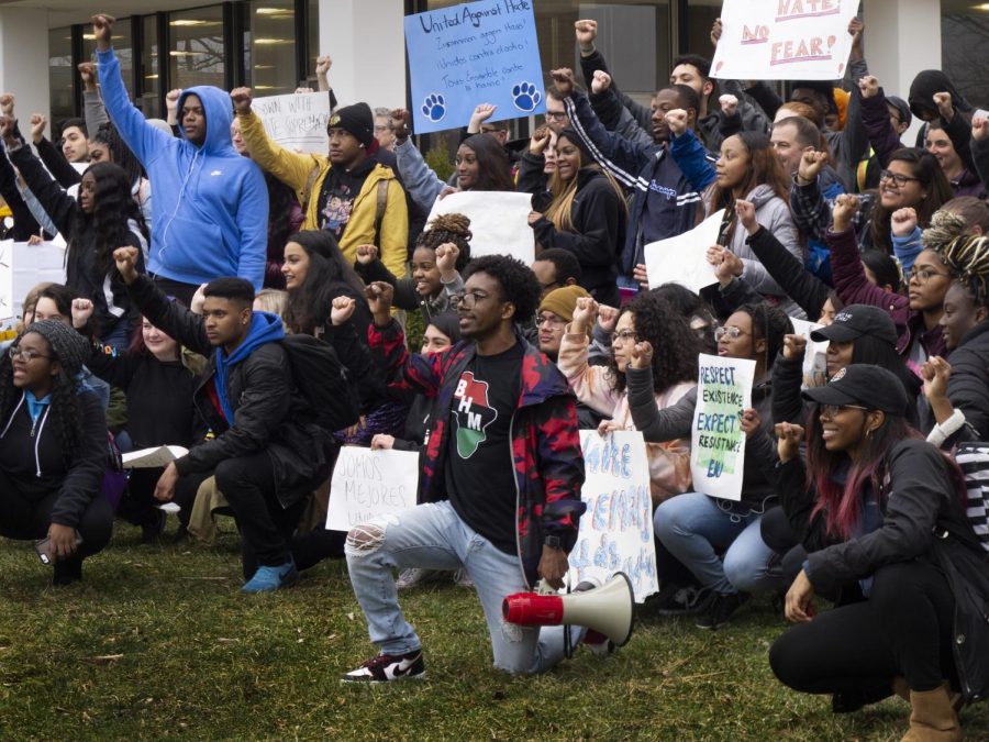 Students gather in front of Old Main during Wednesday’s unity march. Instead of walking downtown, the group stayed on campus to promote their message to fellow students.