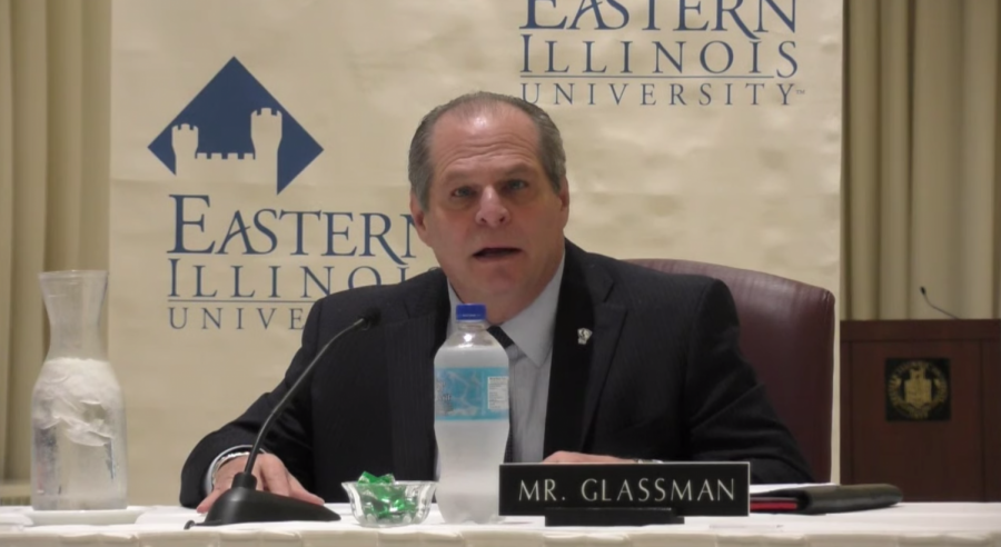 Eastern President David Glassman talks during an emergency Board of Trustees meeting on Thursday in the University Ballroom of the Martin Luther King Jr. University Union. The meeting was live streamed to the public amid COVID-19 concerns and the photo is a screenshot of that livestream.