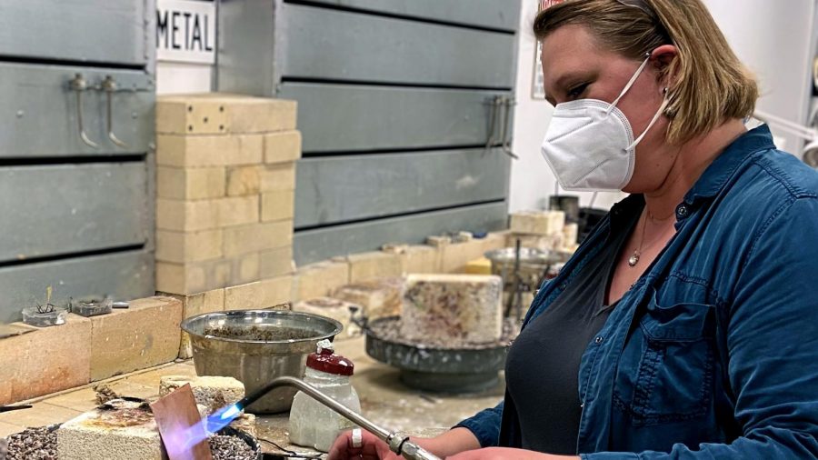 Erin Rice, a metalsmithing professor, prepares copper annealing kits for her Metalsmithing 1 class in Doudna Fine Arts Centers studio Wednesday afternoon.