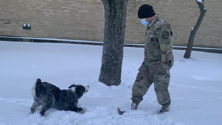 Jeffrey Ludwig, a senior military science instructor, plays with his dog Winston in the snow Wednesday afternoon outside Coleman Hall. Snow covered much of the area in what was the first major snowfall of the year. Reports say that Winston is a good dog. 