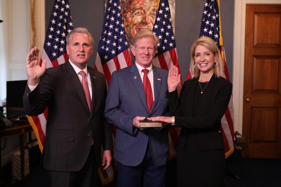 House Minority Leader Rep. Kevin McCarthy, Illinois State Rep. Chris Miller and U.S. Rep. Mary Miller pose for a photo to commemorate Mary Miller being sworn in as a freshman Congresswoman. 
