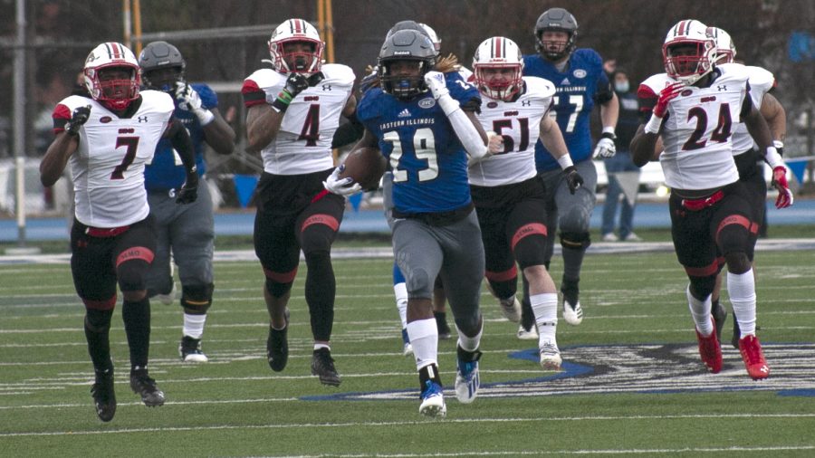 Eastern freshman running back Kendi Young breaks into the open field during a 72-yard touchdow run in the second quarter against Southeast Missouri Feb. 28. Young had 11 rushes for 88 yards and a touchdown in the game, which the Panthers lost 47-7. 