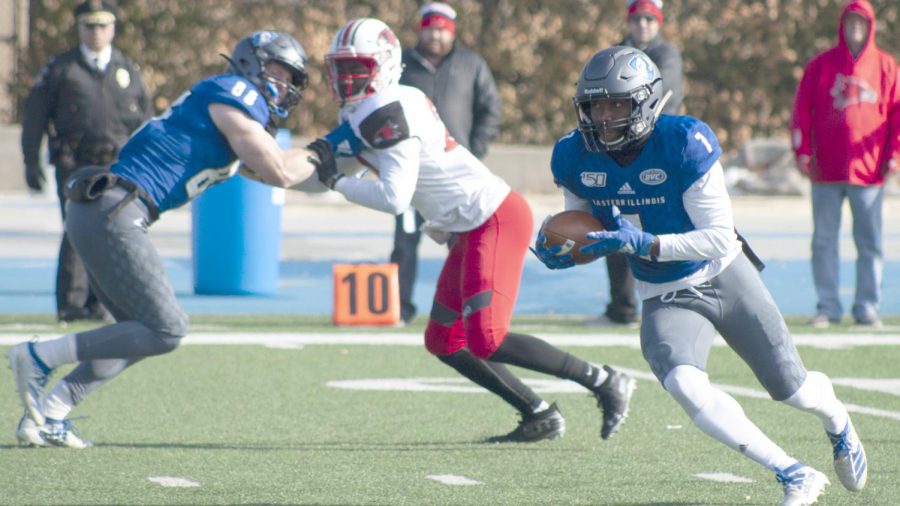 Eastern wide receiver Isaiah Hill turns upfield on a 73-yard catch and run in a game against Southeast Missouri on Nov. 16, 2019. Hill had 13 catches for 152 yards and a touchdown in the game, which Eastern lost 26-12. 