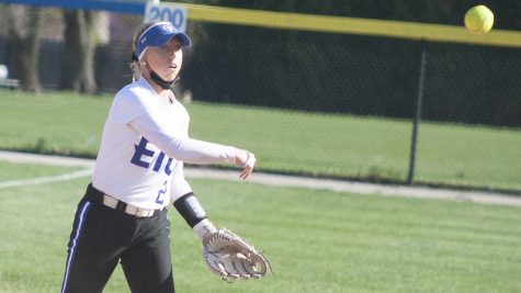 Eastern redshirt-junior Megan Burton throws to first after fielding a ground ball at third base in the second game of a doubleheader against Tennessee-Martin April 12. Eastern lost the game 1-0.
