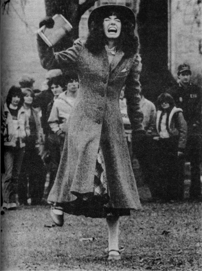 Sister Cindy preaches on campus on November 23, 1982. 