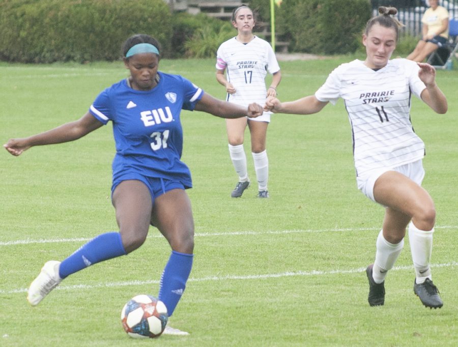 Eastern junior forward Zenaya Barnes gets off a shot against Illinois Springfield in a match Aug. 22 at Lakeside Field. Barnes recorded 3 shots and an assists in the match, which Eastern won 3-0.