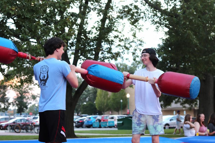 During a friendly competition, two friends get ready to duel against each other during last years Quakin the Quad