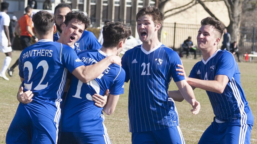 The Eastern men’s soccer team celebrates a goal from forward Maxwell Allen (15) in the Panthers’ 2-2 tie against Kansas City March 6. The match was one of two ties in conference play for the Panthers last season. 
