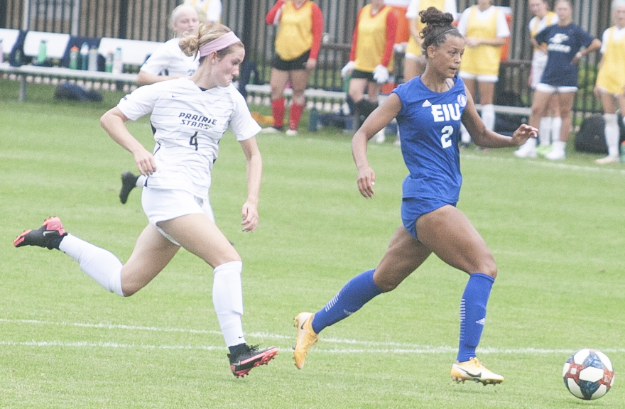 Eastern junior forward Michaela Danyo pushed passed a defender in a match against Illinois Springfield Aug. 22 at Lakeside Field. Danyo scored a goal in the match, which Eastern won 3-0. 