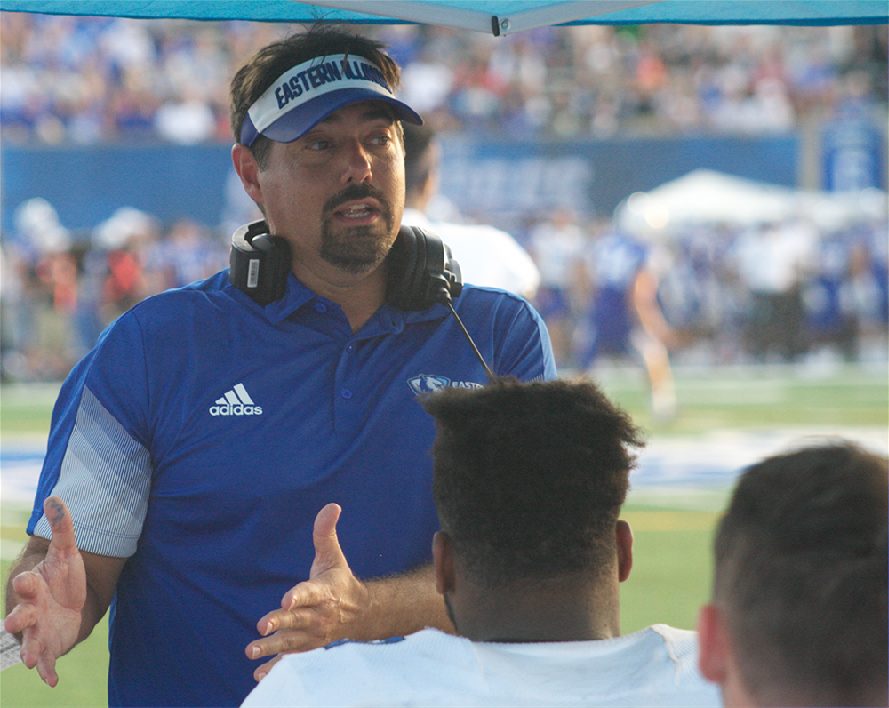Eastern+defensive+coordinator+addresses+his+defense+during+the+Panthers+26-21+loss+to+Indiana+State+on+Aug.+28.+