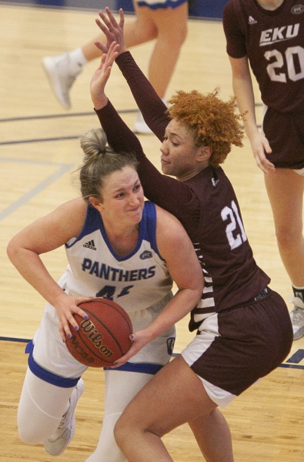 Eastern forward Abby Wahl pushes through a defender in a game against Eastern Kentucky on Jan. 16. 
