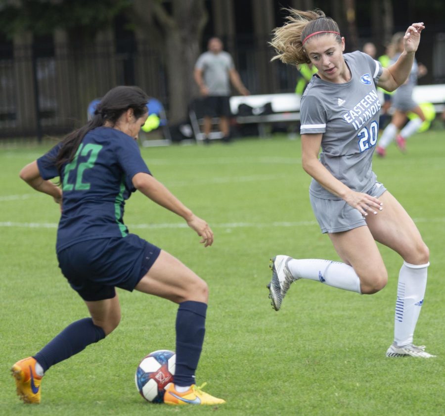 Eastern defender Morgan Rinker positions herself in front of a Chicago State player in a 1-0 Eastern win on Sept. 3 at Lakeside Field. 