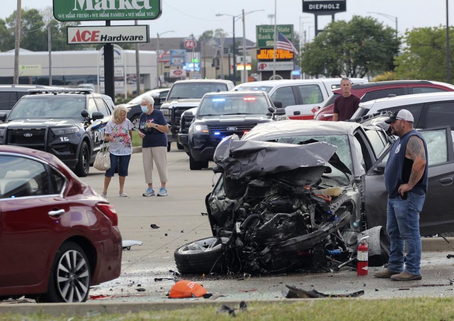 Debris from the deceased man’s car who drove into oncoming traffic causing the five-car accident at the intersection of Lincoln Avenue and University Drive on Sept. 19, 2021.