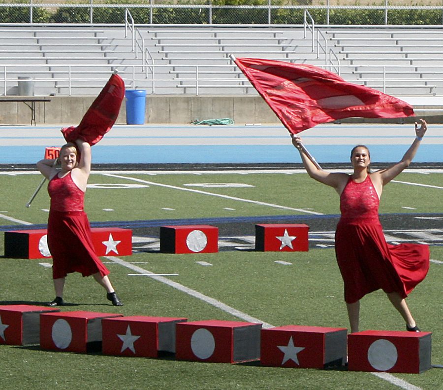 The Richland County High School Marching Tigers color guard perform as part of “The Greatest Show.” It featured songs from “The Greatest Showman,” and props that evoked a circus theme. The show opened with band and color guard members pantomiming a circus and audience. They placed fourth in the 3A division.