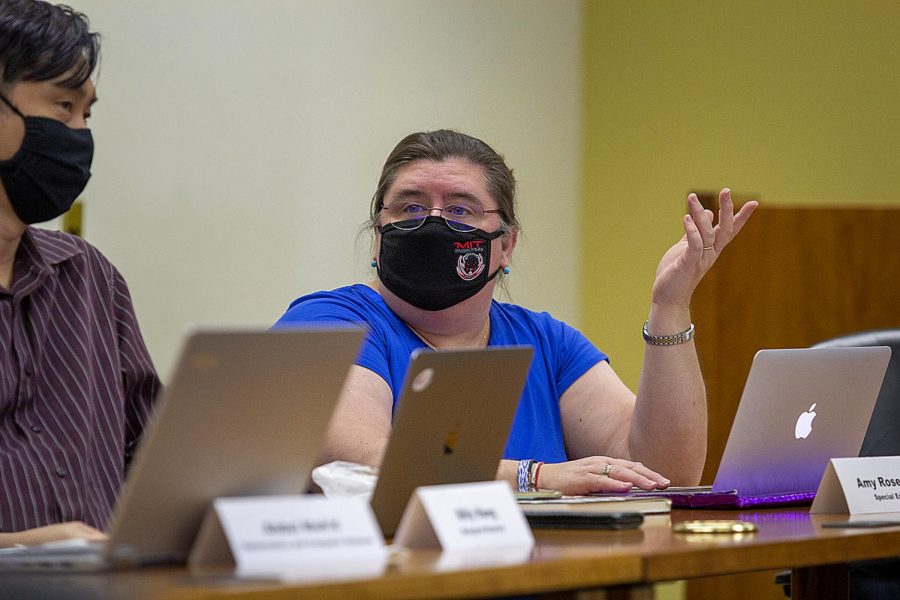 Amy Rosenstein, department of special education, asks a question about the textbook rental meeting staff at the Sept. 30, 2021 CAA meeting. 