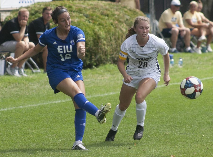 Eastern midfielder Ava Hensley swings the ball back toward the middle of the field in a match against Illinois Springfield on Aug. 22 at Lakeside Field. Eastern won the match 3-0. 