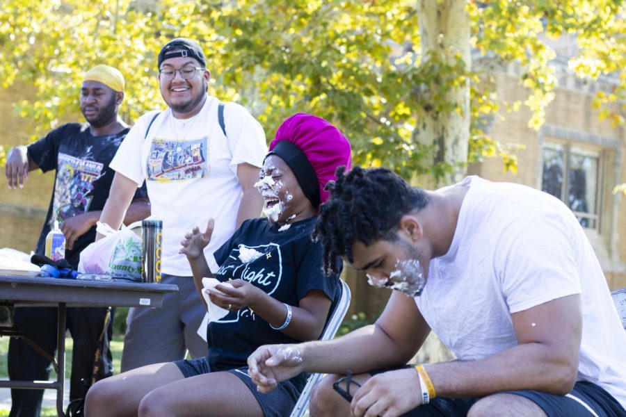 Greeks from different chapters get pied in front of Doudna steps for NPHC’s pie a greek event for the fourth day of NPHC Week.