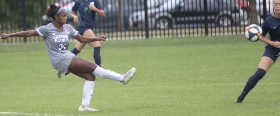 Eastern forward Zenaya Barnes boots the ball downfield in Eastern's 3-0 win over Illinois Springfield Aug. 22 at Lakeside Field. Barnes had both goals in the Panthers' 2-1 win over Murray State on Sunday.