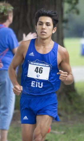 Easterns Jaime Marcos competes in the 8K race at the EIU Walt Crawford Open on Sept. 3 at the Tom Woodall Panther Trail. Marcos placed first individually and the Panthers also won the meet as a team. 