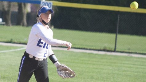 Eastern shortstop Megan Burton throws to first after fielding a ground ball at third base in the second game of a doubleheader against Tennessee-Martin April 12, 2021. Eastern lost the game 1-0.