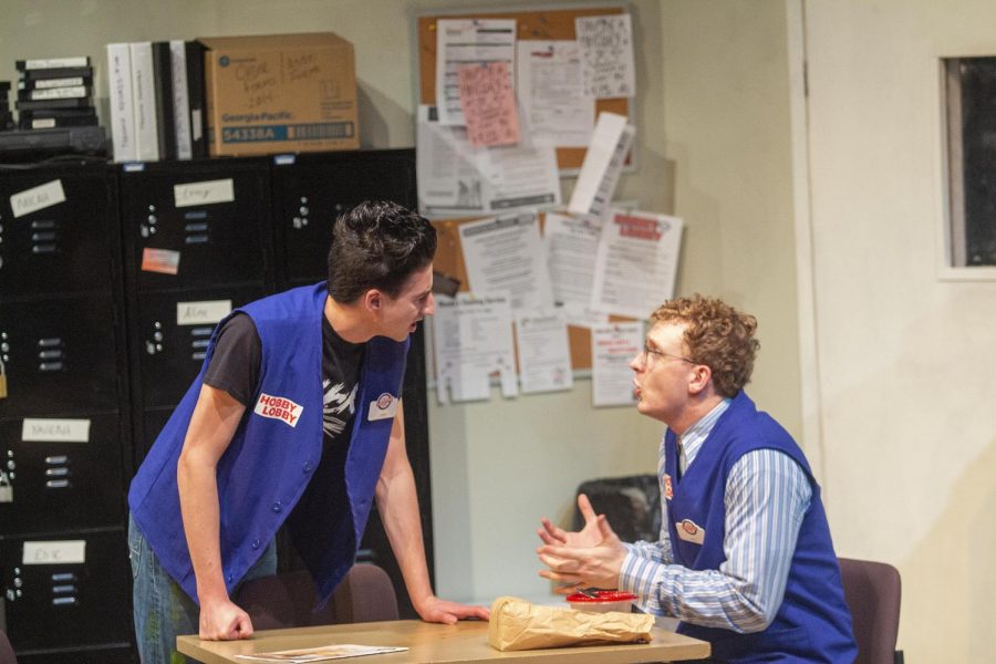 Aidan Collins, a junior theater major,  as Alex and Max Zumpano, a senior theater, as Will Cronin perform in Bright New Boise Friday night. 