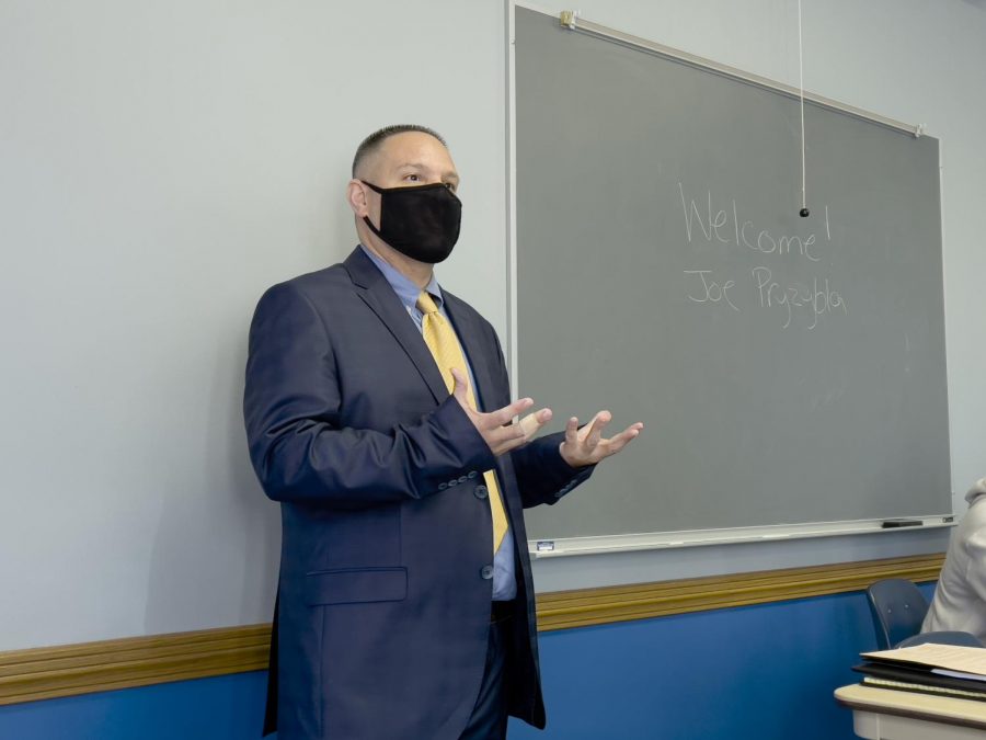 Joe Przybyla speaks during a student forum as one of the candidates for Chief of the University Police Department in the Paris Room of the Martin Luther King Jr. University Union. 