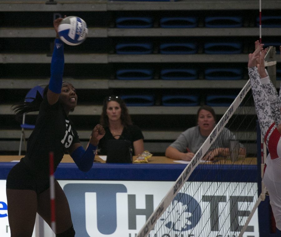 Eastern outside hitter Danielle Allen connects on a kill attempt in a match against Southeast Missouri on Oct. 9 in Lantz Arena. Allen had 5 kills in the match, which Eastern lost 3-0.
