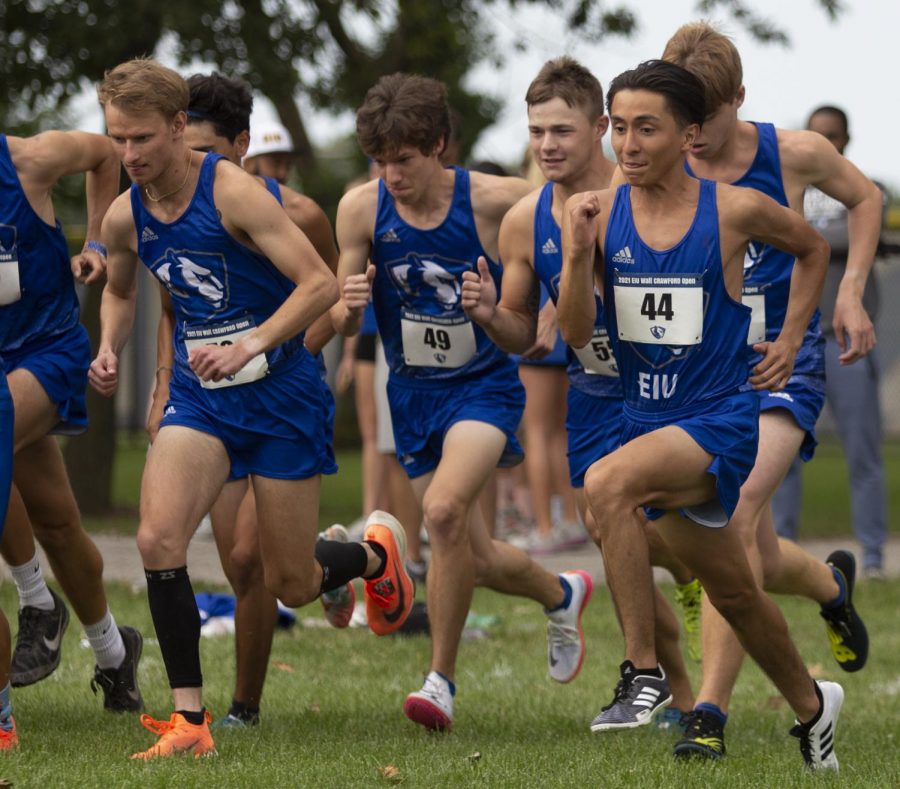 Members of the Eastern mens cross country team begins the 8K race in the EIU Walt Crawford Open on Sept. 3, 2021, at the Tom Woodall Panther Trail. Both the mens and womens teams won the meet. 