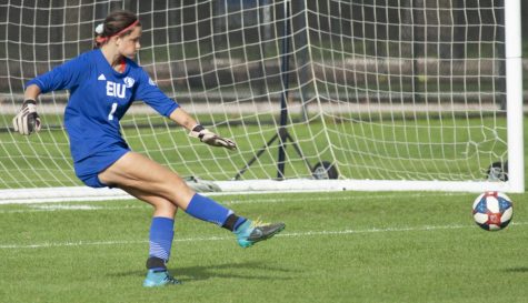 Eastern goalkeeper Faith Davies kicks the ball to her left in a match against Southern Illinois-Edwardsville on Oct. 19 at Lakeside Field. Davies had 4 saves in the match, which Eastern lost 2-0. 