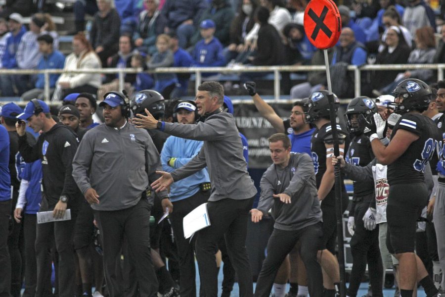 Eastern head coach Adam Cushing (center) expresses displeasures with a call on the field in Easterns Homecoming Game against Tennessee State on Oct. 23 at OBrien Field. Eastern lost to the Tigers 28-0. 