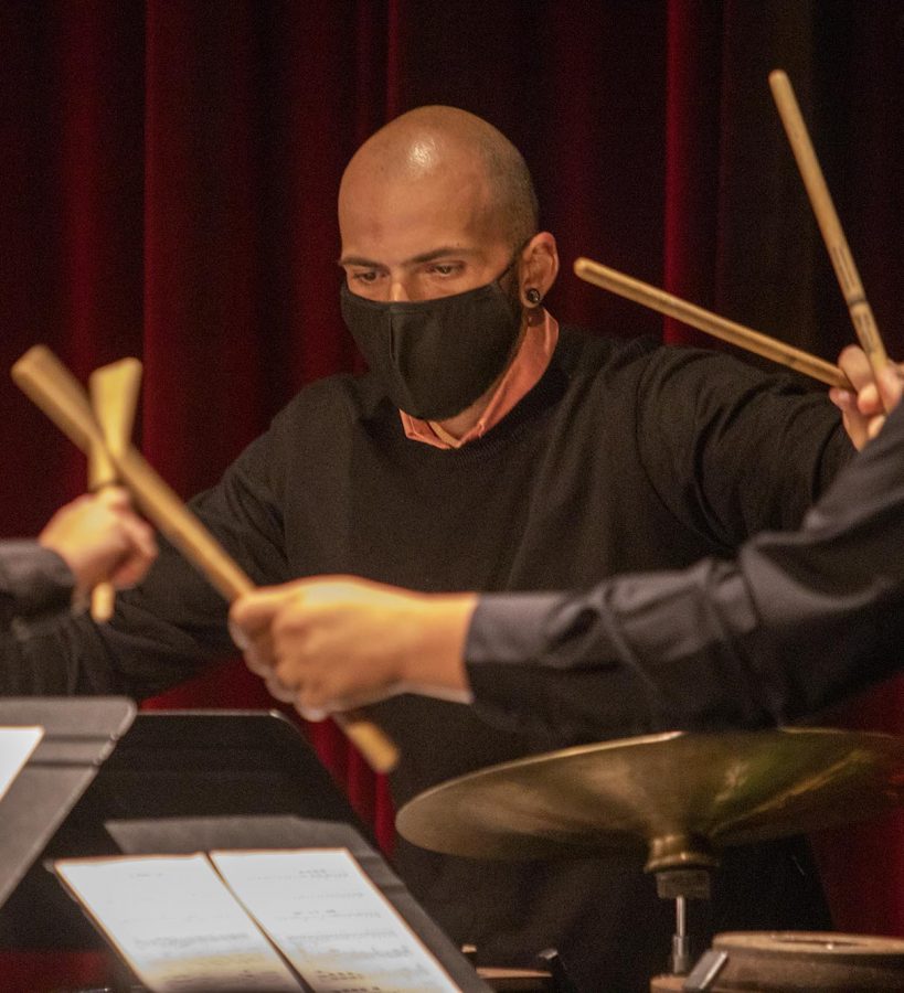 David Martins, a graduate student studying percussion performance plays “Gilded Cage” by Susan Powell at the Percussion Ensemble Concert Tuesday night. The focus of the concert was Afro-Cuban music.
