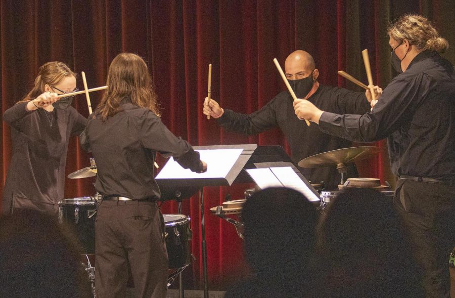 Part of the Percussion Ensemble play “Gilded Cage” by Susan Powell at the Tuesday night Percussion Ensemble Concert. The focus of the concert was Afro-Cuban music. 