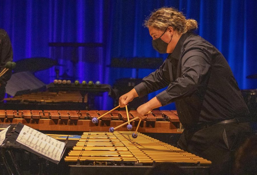 Garrison Reed, a sophomore music education major, plays the “Reflection Canon” by Kieffer on the vibraphone at the Percussion Ensemble Concert Tuesday night. The Reflection Canon piece consisted of four parts including “There is Light for One Year,” “The Smallest Become the Tallest,” “Flying” and “Knowledge of Eternity.” The focus of the concert was Afro-Cuban music. 