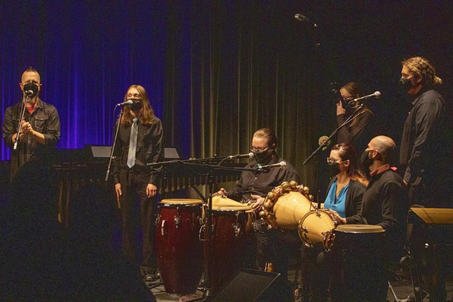 The Percussion Ensemble plays assorted instruments in the Percussion Ensemble Concert Tuesday night. The focus of the concert was Afro-Cuban music. 