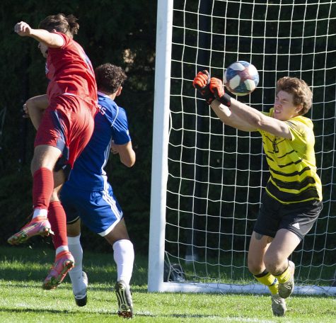 Eastern goalkeeper Mac Van Oudt reaches to deflect a shot in the Panthers 2-0 loss to Belmont Tuesday at Lakeside Field.  