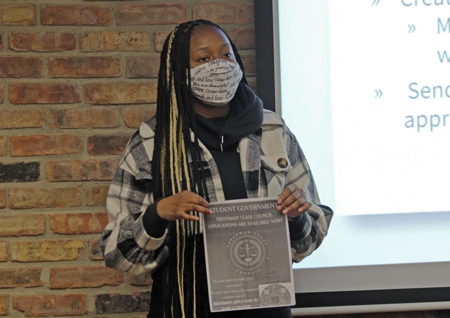 Student Government President Jaqcueline Williams, a senior kinesiology, explains her Executive Report at the Oct. 27 Student Government meeting. Williams has organized a freshman class council to work with student government to make their voices heard. 