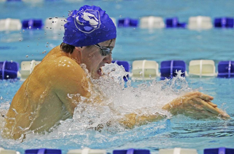 Eastern sophomore Jackson Penny competes in the 400 yard medley relay against Ball State on Oct. 29 at Padovan Pool. Penny’s relay team finished fifth with a time of 3:46.81. The men’s swim team lost 161-95