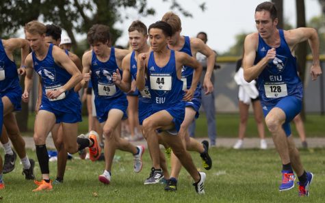 The Eastern mens cross country team starts the race in the EIU Walt Crawford Open on Sept. 3 at the Tom Woodall Panther Trail. The team placed first overall in the event. 
