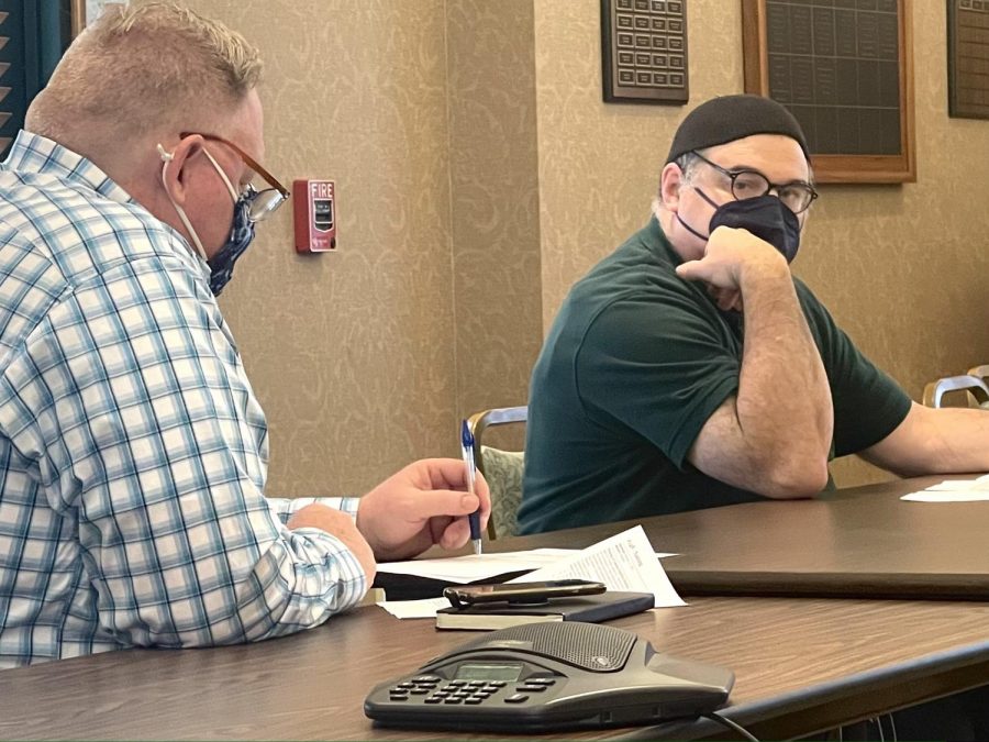 Vice President for University Advancement Ken Wetstein and Naming Committee member Steven Scher discuss Eastern’s naming policy Thursday morning.